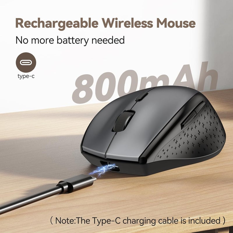 TECKNET فأرة لاسلكية جوجلر، فأرة قابلة للشحن عبر USB-C، فأرة صامتة مع محول USB-C، فأرة مريحة بدقة 6400 نقطة في البوصة، مدمجة مع محرك فأرة، فأرات كمبيوتر 2.4G لجهاز ماك، لابتوب، سطح مكتب، كمبيوتر شخصي - Image 3